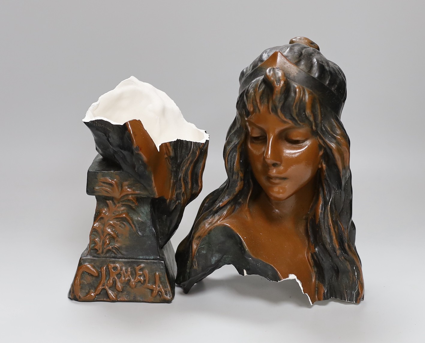 Vilanis patinated earthenware portrait bust, Carmela, a/f